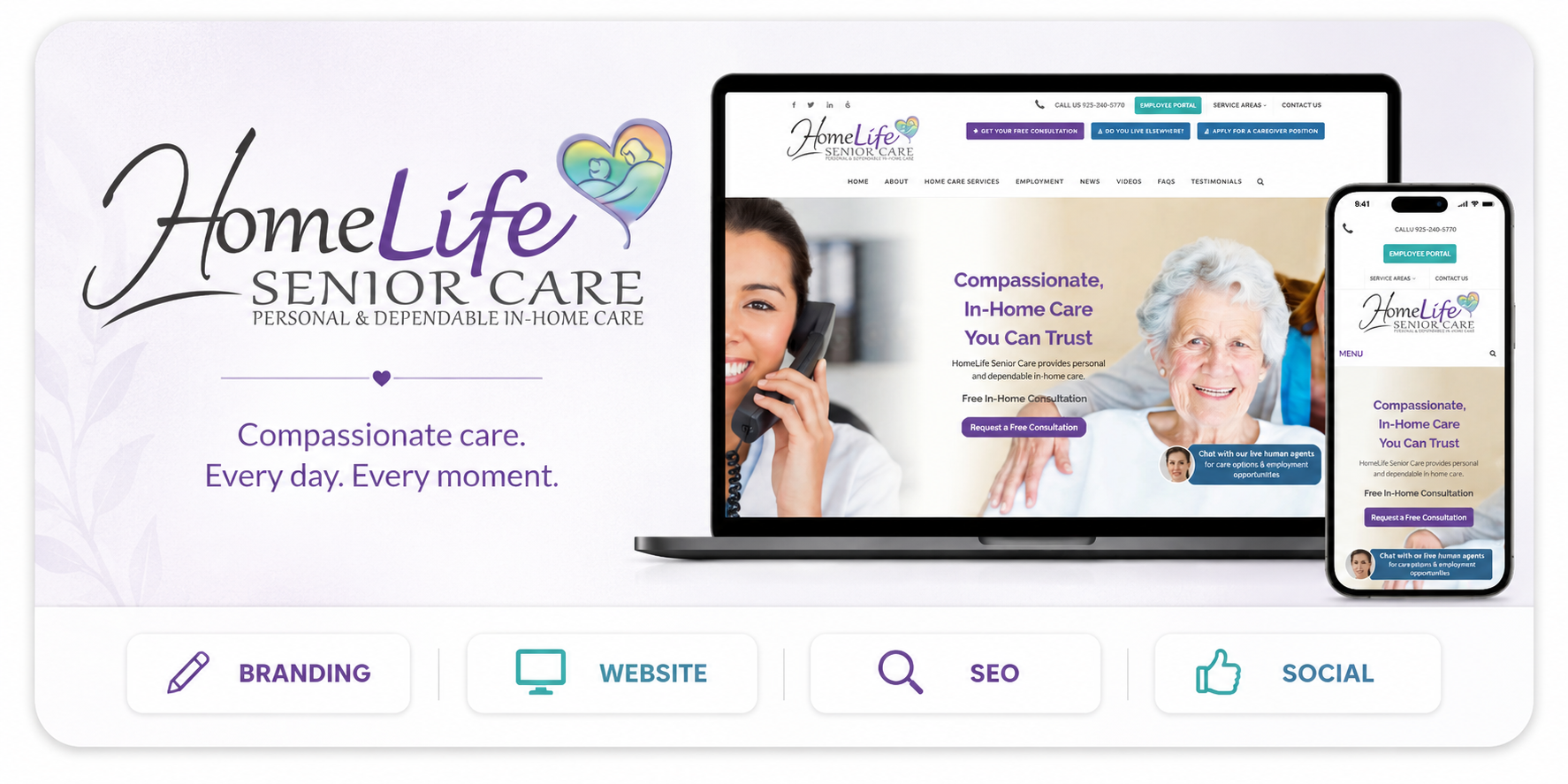 HomeLife Senior Care branding and website mockup