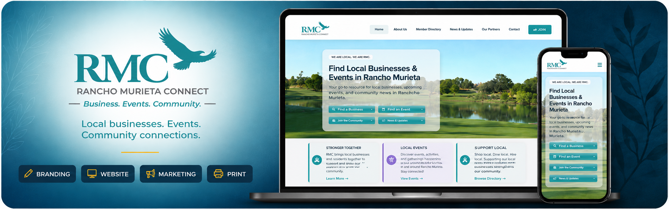 Rancho Murieta Connect branding and responsive website mockup