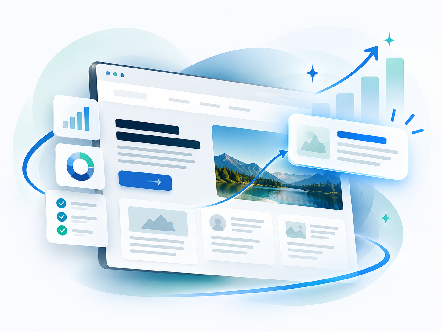 Website review illustration with a browser window, assessment checklist, and charts showing opportunities for improvement.